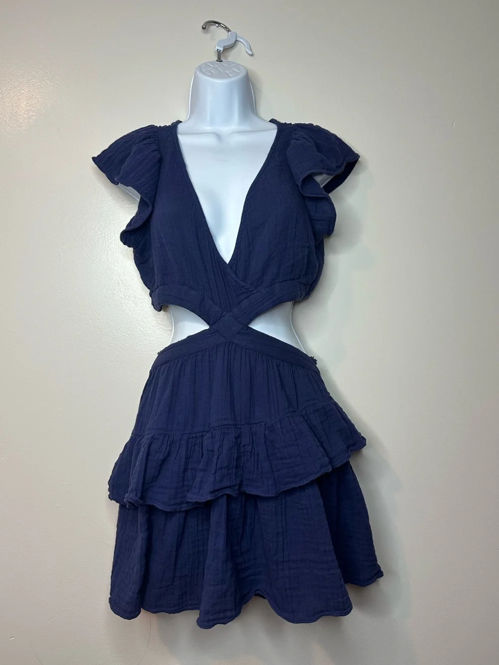 LoveShackFancy Audrina Cutout Rich Blue Ruffled Mini Dress size s